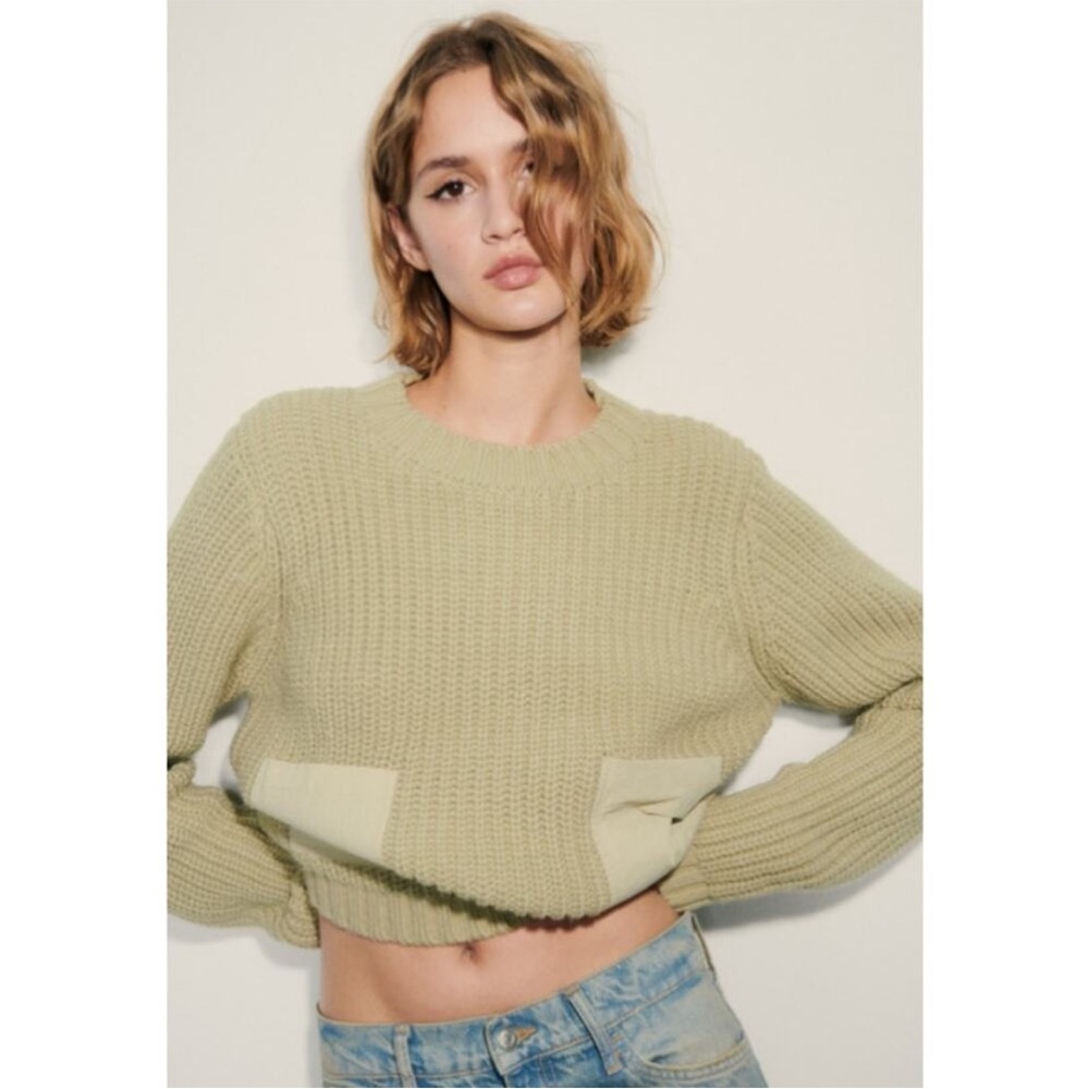 ZARA Knit Sweater with Contrast Pocket Crew Neck Sweater Chunky Knit Large